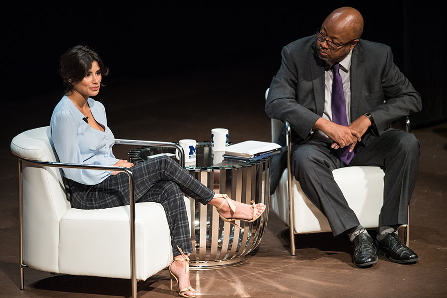 Actress Diane Guerrero is interviewed by columnist Leonard Pitts, Jr. for the DEI Summit 2018 kickoff at the Power Center.