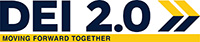 DEI 2.0 maize and blue logo with the words Moving Forward Together and an arrow pointing to the right