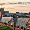 The roof of West Quad looking onto the top of Michigan Union at dusk.